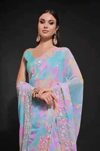 Blue Ethnic Prizam Print Saree With Trendy Sequins Work Partywear Saree