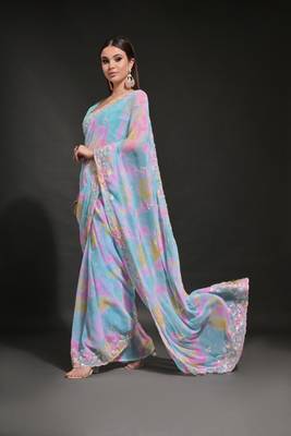 Blue Ethnic Prizam Print Saree With Trendy Sequins Work Partywear Saree 4