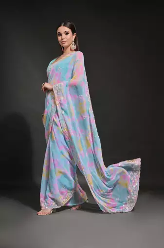 Blue Ethnic Prizam Print Saree With Trendy Sequins Work Partywear Saree