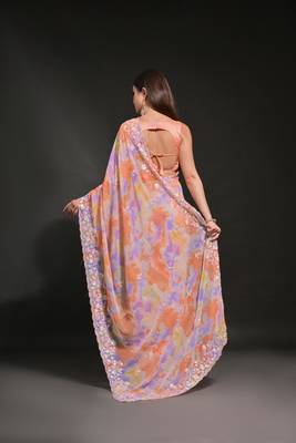 Orange Ethnic Prizam Print Saree With Trendy Sequins Work Partywear Saree 2