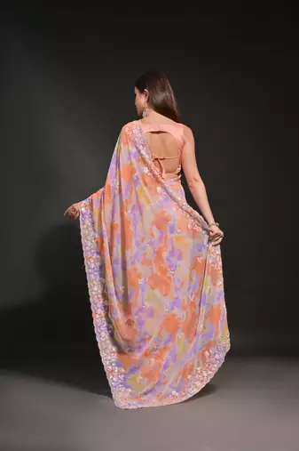 Orange Ethnic Prizam Print Saree With Trendy Sequins Work Partywear Saree