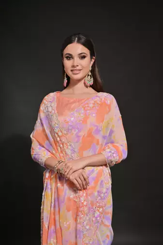Orange Ethnic Prizam Print Saree With Trendy Sequins Work Partywear Saree