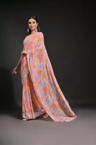 Orange Ethnic Prizam Print Saree With Trendy Sequins Work Partywear Saree