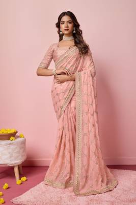 Ethnic Coding And Sequins Work Pink Colour Georgette Fabric Girlish Partyweear Saree 1