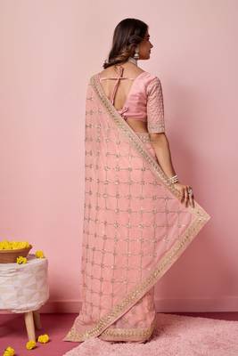 Ethnic Coding And Sequins Work Pink Colour Georgette Fabric Girlish Partyweear Saree 2
