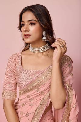 Ethnic Coding And Sequins Work Pink Colour Georgette Fabric Girlish Partyweear Saree 3