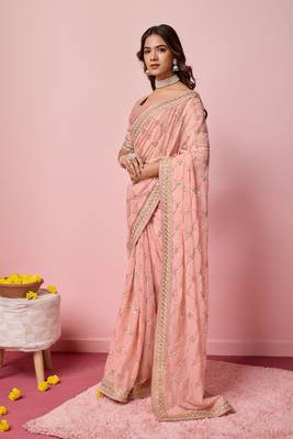 Ethnic Coding And Sequins Work Pink Colour Georgette Fabric Girlish Partyweear Saree 5