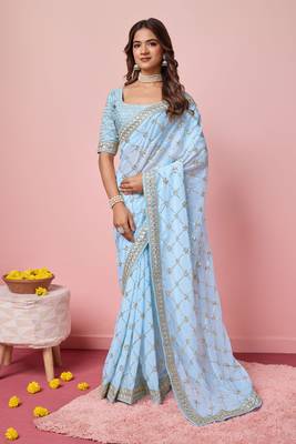 Ethnic Coding And Sequins Work Sky Blue Georgette c Girlish Partyweear Saree 1