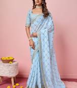 Ethnic Coding And Sequins Work Sky Blue Georgette c Girlish Partyweear Saree