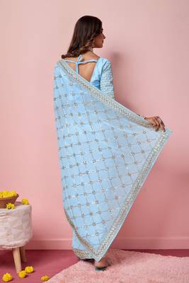 Ethnic Coding And Sequins Work Sky Blue Georgette c Girlish Partyweear Saree 2