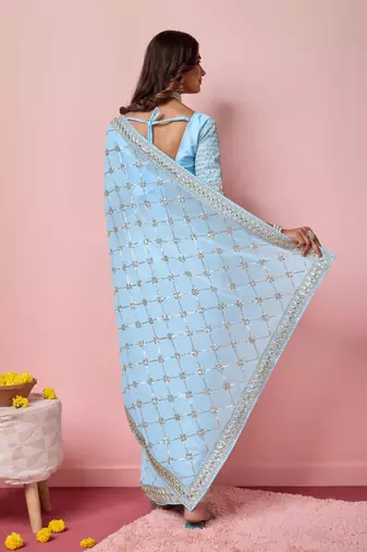 Ethnic Coding And Sequins Work Sky Blue Georgette c Girlish Partyweear Saree