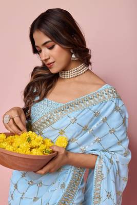 Ethnic Coding And Sequins Work Sky Blue Georgette c Girlish Partyweear Saree 3
