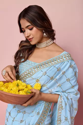 Ethnic Coding And Sequins Work Sky Blue Georgette c Girlish Partyweear Saree