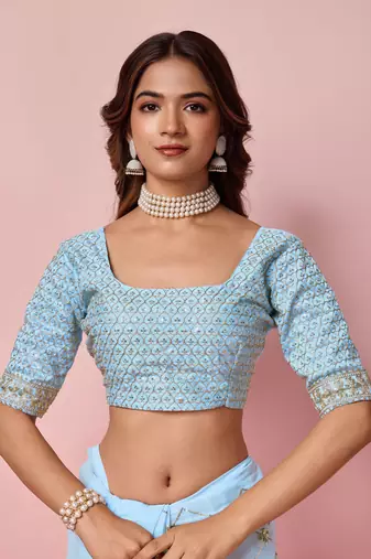Ethnic Coding And Sequins Work Sky Blue Georgette c Girlish Partyweear Saree