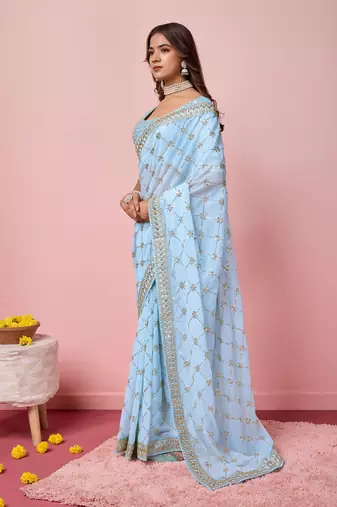 Ethnic Coding And Sequins Work Sky Blue Georgette c Girlish Partyweear Saree