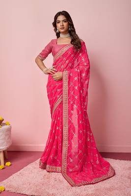 Ethnic Coding And Sequins Work Pink Georgette c Girlish Partyweear Saree 1