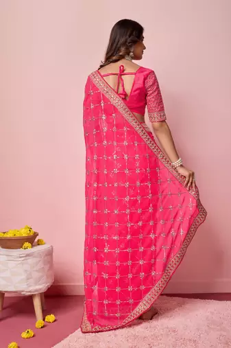 Ethnic Coding And Sequins Work Pink Georgette c Girlish Partyweear Saree