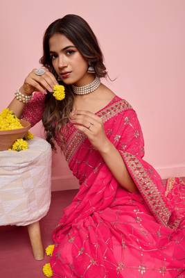 Ethnic Coding And Sequins Work Pink Georgette c Girlish Partyweear Saree 3