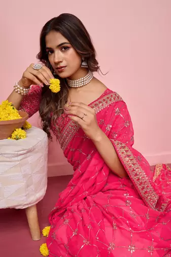 Ethnic Coding And Sequins Work Pink Georgette c Girlish Partyweear Saree