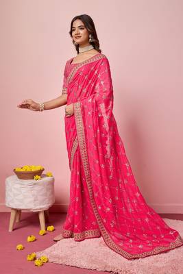 Ethnic Coding And Sequins Work Pink Georgette c Girlish Partyweear Saree 5