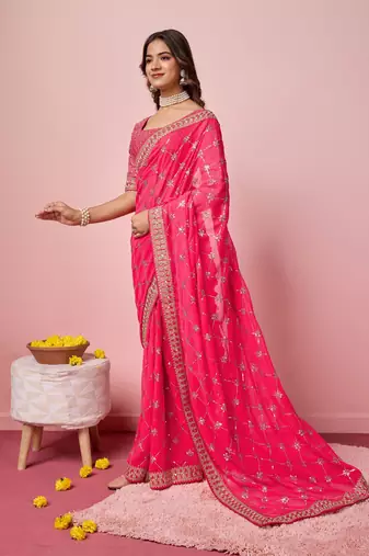 Ethnic Coding And Sequins Work Pink Georgette c Girlish Partyweear Saree