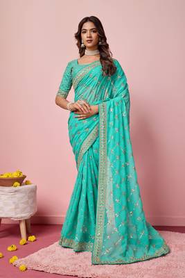 Ethnic Coding And Sequins Work Sea Green Georgette c Girlish Partyweear Saree 1