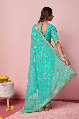 Ethnic Coding And Sequins Work Sea Green Georgette c Girlish Partyweear Saree 2