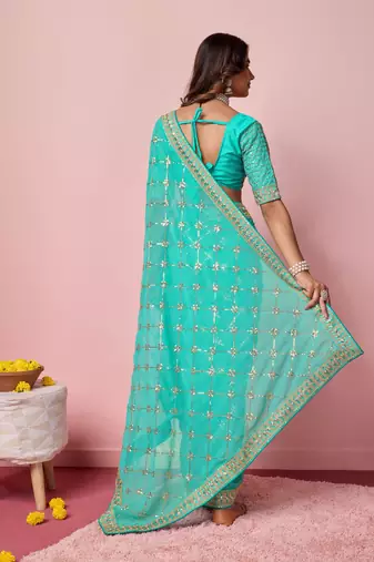 Ethnic Coding And Sequins Work Sea Green Georgette c Girlish Partyweear Saree
