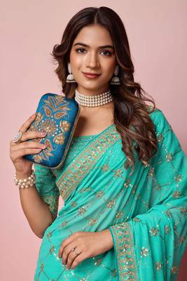 Ethnic Coding And Sequins Work Sea Green Georgette c Girlish Partyweear Saree 3