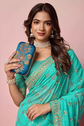 Ethnic Coding And Sequins Work Sea Green Georgette c Girlish Partyweear Saree