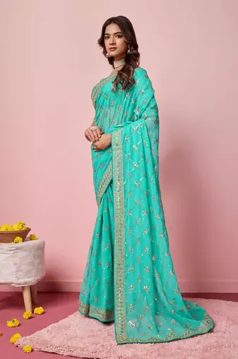 Ethnic Coding And Sequins Work Sea Green Georgette c Girlish Partyweear Saree