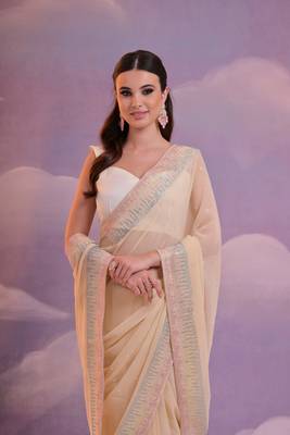  Fashion Sequins Work Beige Partywear Graceful Girlish Saree 3