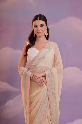  Fashion Sequins Work Beige Partywear Graceful Girlish Saree