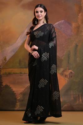  Fashion Sequins Work Black Partywear Graceful Girlish Saree 1