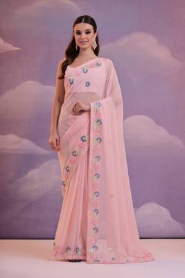  Fashion Sequins Work Pink Partywear Graceful Girlish Saree 1