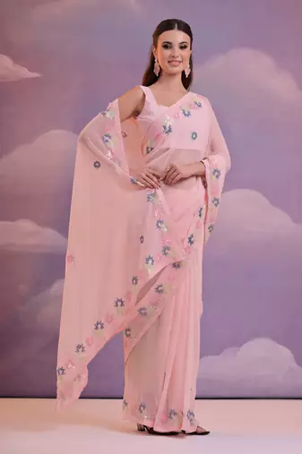  Fashion Sequins Work Pink Partywear Graceful Girlish Saree