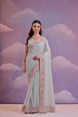 Bollywood Fashion Sequins Work Sky Blue Partywear Graceful Girlish Saree 1