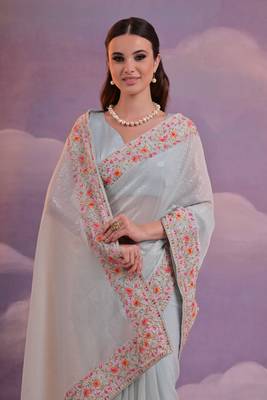 Bollywood Fashion Sequins Work Sky Blue Partywear Graceful Girlish Saree 3