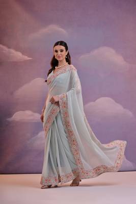 Bollywood Fashion Sequins Work Sky Blue Partywear Graceful Girlish Saree 4