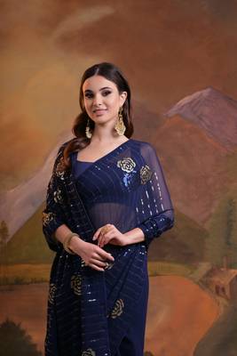  Fashion Sequins Work Blue Partywear Graceful Girlish Saree 3