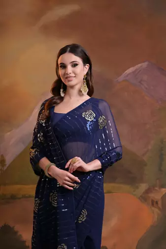  Fashion Sequins Work Blue Partywear Graceful Girlish Saree