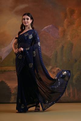  Fashion Sequins Work Blue Partywear Graceful Girlish Saree 4
