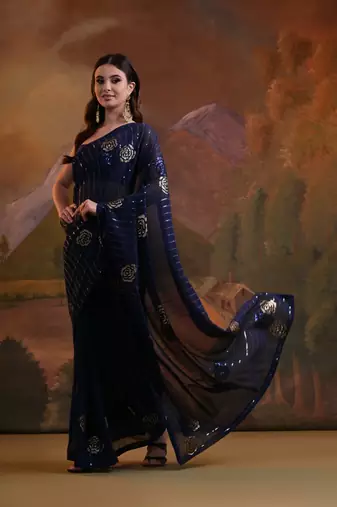  Fashion Sequins Work Blue Partywear Graceful Girlish Saree