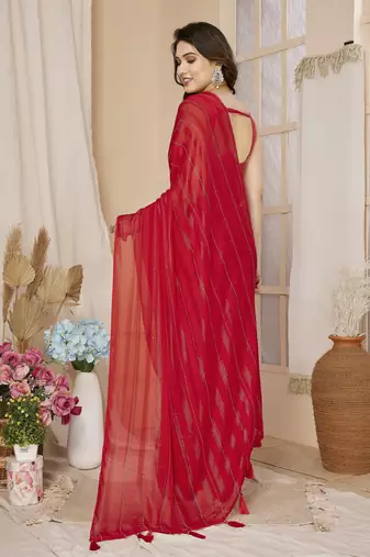 ready to wear red saree with sparkling style looks