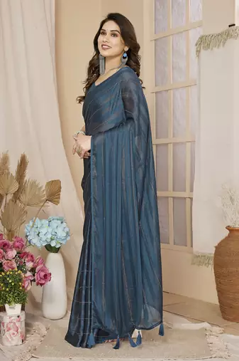 pre draped teal saree with sparkling style looks