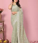 Ethnic Pista Resham And Sequins Work Partywear Graceful Embroidered Saree