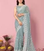 Ethnic Grey Resham And Sequins Work Partywear Graceful Embroidered Saree