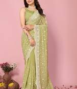 Ethnic Khaki Resham And Sequins Work Partywear Graceful Embroidered Saree