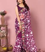 Wine Girlish Soft Net Saree With Designer Thread Embroidery Work For Party Looks