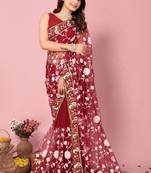 Maroon Girlish Soft Net Saree With Designer Thread Embroidery Work For Party Looks